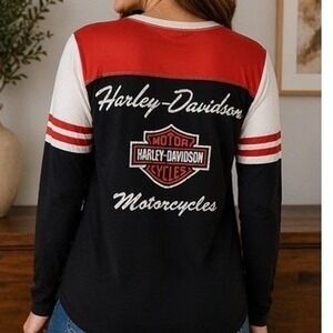 Harley-Davidson Womens Henley Long Sleeve Shirt Black Orange Colorblock Medium